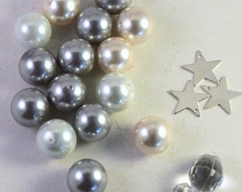 White, Cream and Silver Round Glass Pearl Beads with Silver Star Charms and Crystal Acrylic Drops