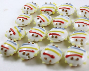 Red, White, Yellow, Blue Lampwork Glass Flat Round Beads, Striped Coin
