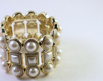 Metallic Gold Plated Acrylic Beaded Bracelet, Double Strand, Cream Pearl, Wholesale Bead Supplies