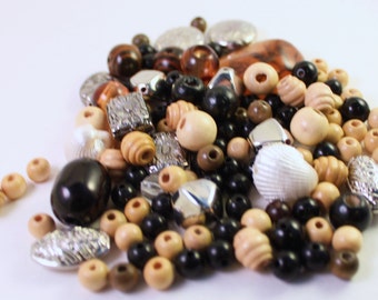 Assorted Silver, Black, Brown, Tan and Cream Wood, Acrylic and Shell Beads, Mixed Shapes, Wholesale