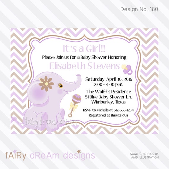 Baby Girl Lavender Purple Elephant Baby Shower Invitation Diy Etsy