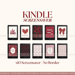 Könnte beinhalten: Eine Sammlung von zehn Kindle-Bildschirmschonern mit verschiedenen Designs, darunter Herzen, Rosen und dem Text "I Love Books". Die Bildschirmschoner werden auf schwarzen Kindle-Geräten angezeigt. Der Text "Kindle Screensaver" steht oben.