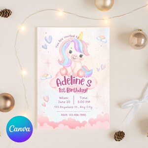 Unicorn Rainbow Party Invite Editable, Magical Pastel Unicorn, Unicorn Birthday Digital Downloads, Baby Unicorn Birthday Invite