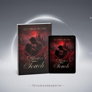 Può includere: Un libro e un tablet mostrano la copertina di "Oblivion's Touch". La copertina presenta una coppia che si abbraccia sotto una luna rossa, con un castello sullo sfondo. Il titolo è in una scrittura elegante, con il nome dell'autore sopra.