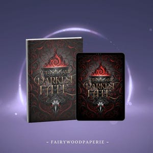 May include: A hardcover book and a tablet displaying the cover art for "Darkest Fate." The cover features a red flame above a decorative silver chalice, with ornate scrollwork and the title in a gothic font. The background is a dark, textured pattern.