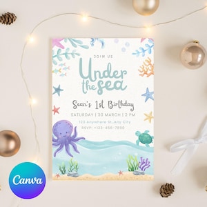 Under the Sea Birthday Invitation: Ocean Theme, Mermaid Party (Digital Download, 5x7 in Canva Template)