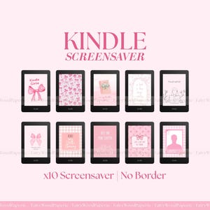 Puede incluir: Una colección de diez protectores de pantalla para lectores electrónicos Kindle con diseños rosas. Los protectores de pantalla presentan varios gráficos, incluyendo lazos, patrones y texto como "Kindle Girlie" y "Just one more chapter". El texto "Kindle Screensaver" está en la parte superior.