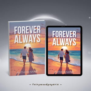 May include: A book and a tablet show the cover art for "Forever Always." The artwork features a couple strolling on a beach at sunset. The book cover and tablet screen display the title in large white letters, with the author's name below.