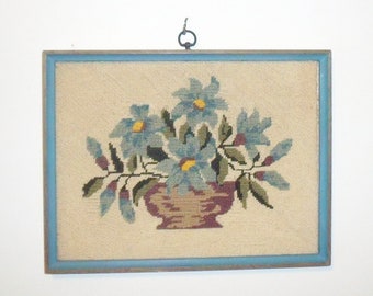 Vintage Needlepoint Wall Hanging Basket of Flowers