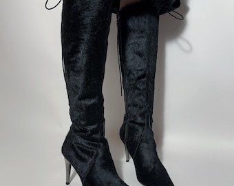 Buffalo Vintage Fur Lace-Up Black Heeled Boots