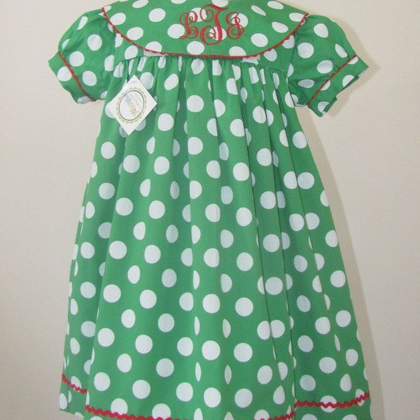 Girl Christmas Monogram dress , Christmas dress infants, toddlers, girls, green Christmas gown dress, FREE Monogram 5T