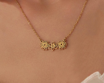 Personalized Birth Flower Necklace • Engraved Floral Pendant