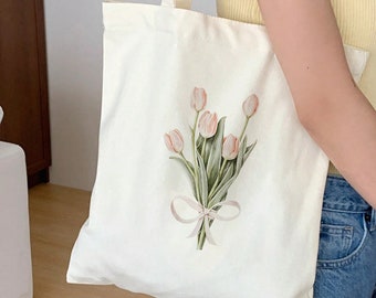 Tote Bag Floral Tulip Bouquet Totebags Bridesmaid Tote Bachelorette Totes French Market Farmers Market Bag Bach Gift Tulip Watercolor Art