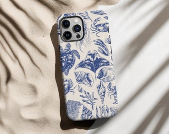 Sea Animal Pattern Rustic Blue iPhone Case Beach Phone Case Coastal Grandma Aesthetic Beach Bum iPhone 12 -15 Pro Max 12-15 Pro 14 15 Plus