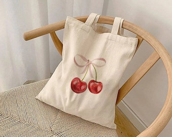Coquette Cherries Tote Bag | Pink Bow Cherry Reusable Bag | Bridesmaid Tote Bags | Bachelorette Totes