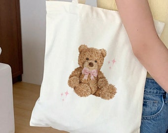 Tote Bag Teddy Bear Coquette Bridesmaid Tote Bags Bachelorette Totes Preppy Aesthetic ToteBags Bear with Bow Coquette Aesthetic gift bags