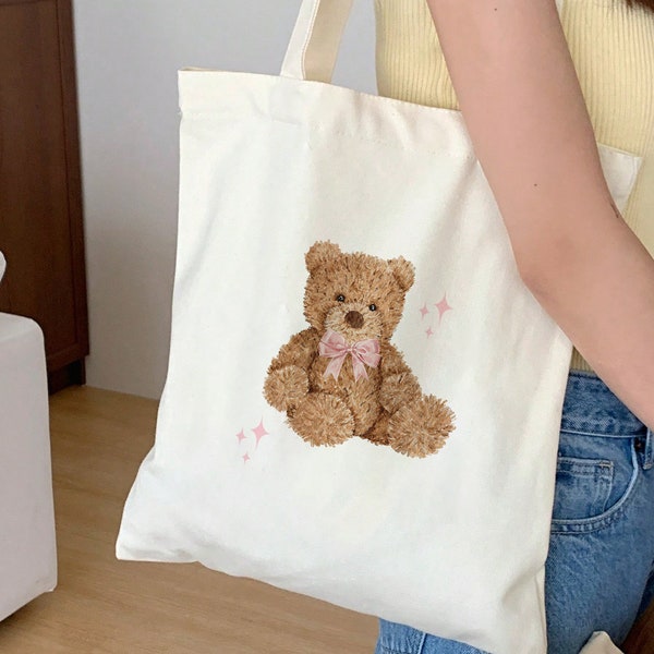 Tote Bag Teddy Bear Coquette | Bridesmaid Tote Bags | Bachelorette Totes | Preppy Aesthetic ToteBags | Bear with Bow | Coquette Aesthetic