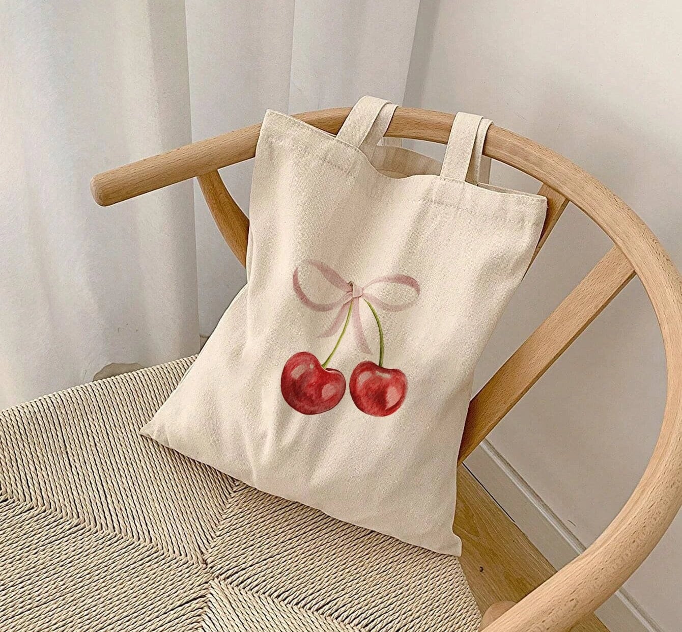 Tote Bag Cherries Coquette Pink Bow Cherry Reusable Bag Aesthetic Bridesmaid Tote Bags Vintage Bachelorette Totes Totebags Trendy Gift Bag