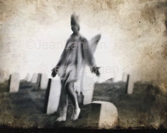 OOAK Ghost Angel - 8x10 Altered Photo Fused to Canvas of Ghostly Angel Street Performer with wings & crown photo in San Francisco Cemetery