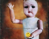 ON SALE OOAK, Creepy Cute French vintage doll Photo fused painted to Canvas, she 39 s holding a Yellow Smiley Face Sticker, ready to hang
