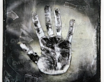 OOAK - Helping Hand 8x8 Mixed Media - Original Altered Photo on Canvas, Creepy Spooky Spiritual Art with hand embellished spot varnishing