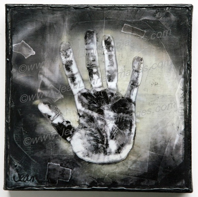 OOAK Helping Hand 8x8 Mixed Media Original Altered Photo on Canvas, Creepy Spooky Spiritual Art with hand embellished spot varnishing image 1