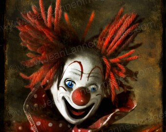 Bozo The Clown's Secret - Photograph - 7x7 Creepy, Scarey, Sepia Red Orange, Vintage, Polaroid Style, Carnival, Amusement by Jean Lannen