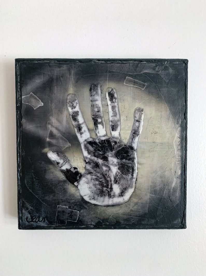 OOAK Helping Hand 8x8 Mixed Media Original Altered Photo on Canvas, Creepy Spooky Spiritual Art with hand embellished spot varnishing image 3