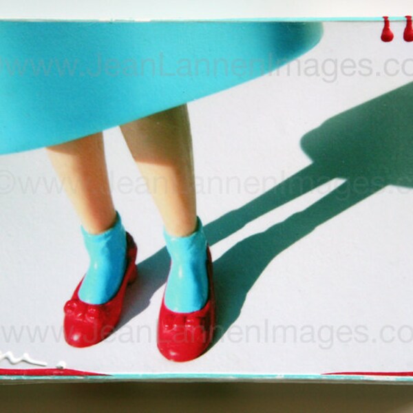 Wizard of Oz, Altered Photo, 1 of a kind, Dorothy's Red Ruby Slippers,on Canvas, Retro Doll Turquoise Aqua Dress Shiny Spots by Jean Lannen
