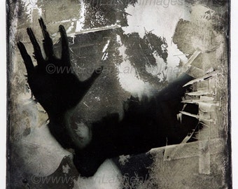 OOAK 8x8, Altered Photo Mixed Media, Shadow Hand, Photo fused to Canvas of Creepy Spooky, Black Spirit Ghost Hand reaching for the light