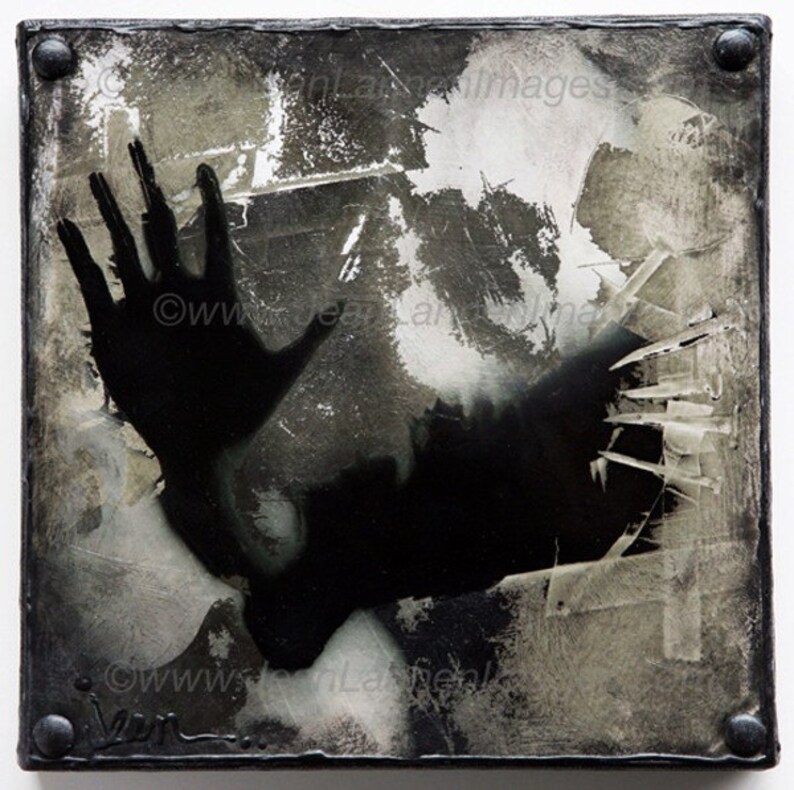 OOAK 8x8, Altered Photo Mixed Media, Shadow Hand, Photo fused to Canvas of Creepy Spooky, Black Spirit Ghost Hand reaching for the light image 1