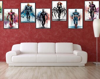 Marvel,Avangers, 7 characters watercolor,dripping art,watercolor IIlustration,Dripping Art,Digital Dowloand,digital Print,Superheroes