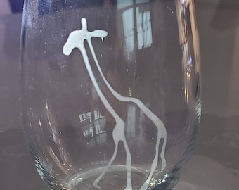 Hand Etched Wine Glass/Stemless Wine Glass/Wine Glass/Giraffe Imagine Wine Glass/Giraffe Wine Glass