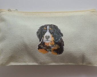 Small zippered pouch for cosmetics, pencils or anything else you want, with an iron on made from my original Bernese Mountain dog drawing