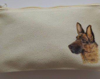 Small zippered pouch for cosmetics, pencils or anything else you want, with an iron on made from my original German Shepherd drawing