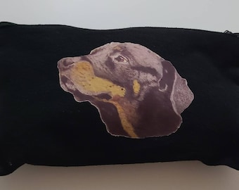 Small zippered pouch for cosmetics, pencils or anything else you want with an iron-on made from my original Rottweiler drawing
