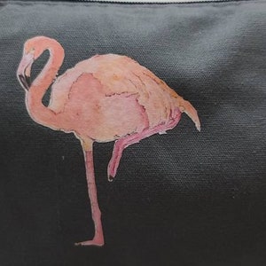 Small zippered pouch for cosmetics, pencils or anything else you want with an iron-on made from my original flamingo drawing