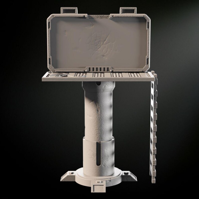 May include: A gray, futuristic-looking, metal table with a hinged top that is open. The table has a textured surface and a cylindrical base with a circular platform. A ladder-like structure is attached to the side of the table.