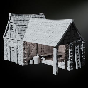 May include: A gray, stone, miniature building with a thatched roof and a wooden door. The building has a small window and a ladder on the side. The interior of the building is visible and includes a wooden table and chairs.