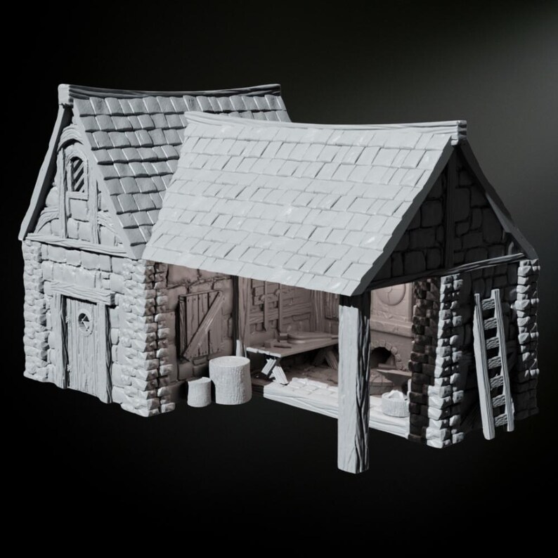 May include: A gray, stone, miniature building with a thatched roof and a wooden door. The building has a small window and a ladder on the side. The interior of the building is visible and includes a wooden table and chairs.