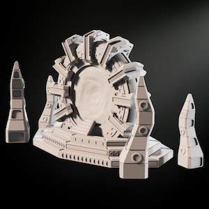 Puede incluir: Modelo arquitectónico blanco de un portal futurista con una abertura circular. El portal está flanqueado por dos estructuras altas en forma de aguja y dos más pequeñas. El diseño presenta formas geométricas y detalles intrincados.