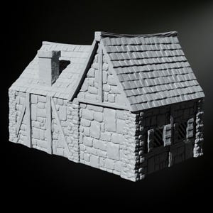 May include: A small, gray stone building with a gabled roof and a single door. The building has a chimney and a few small windows.