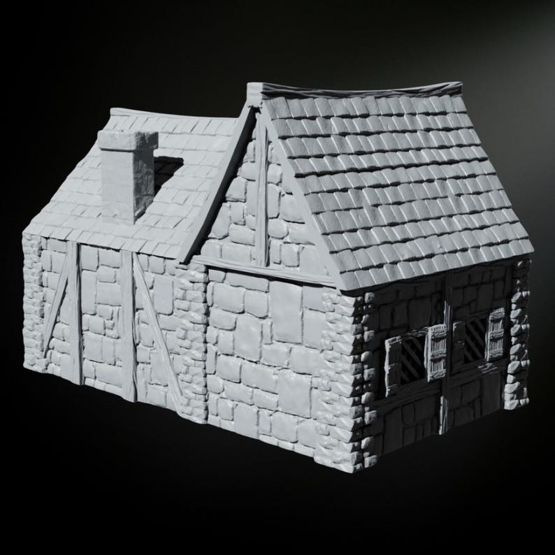 May include: A small, gray stone building with a gabled roof and a single door. The building has a chimney and a few small windows.