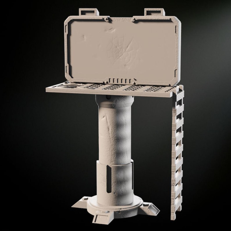 May include: A gray, weathered, metal platform with a ladder and a rectangular, hinged panel. The panel is open and reveals a blank, textured surface.