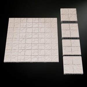 Peut inclure: Un ensemble de cinq carreaux carrés blancs texturés. Les carreaux sont faits d'un matériau qui ressemble à de la pierre. Les carreaux sont disposés en grille. Les carreaux sont parfaits pour créer un sol en pierre réaliste dans un décor miniature.