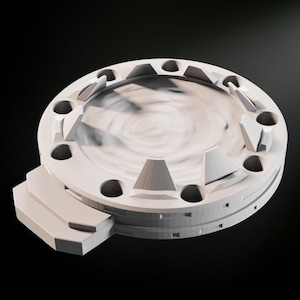 May include: A white, circular architectural model with a stepped platform and a central recessed area. The model features a series of evenly spaced, conical structures and circular openings around its perimeter. The design is set against a black background.