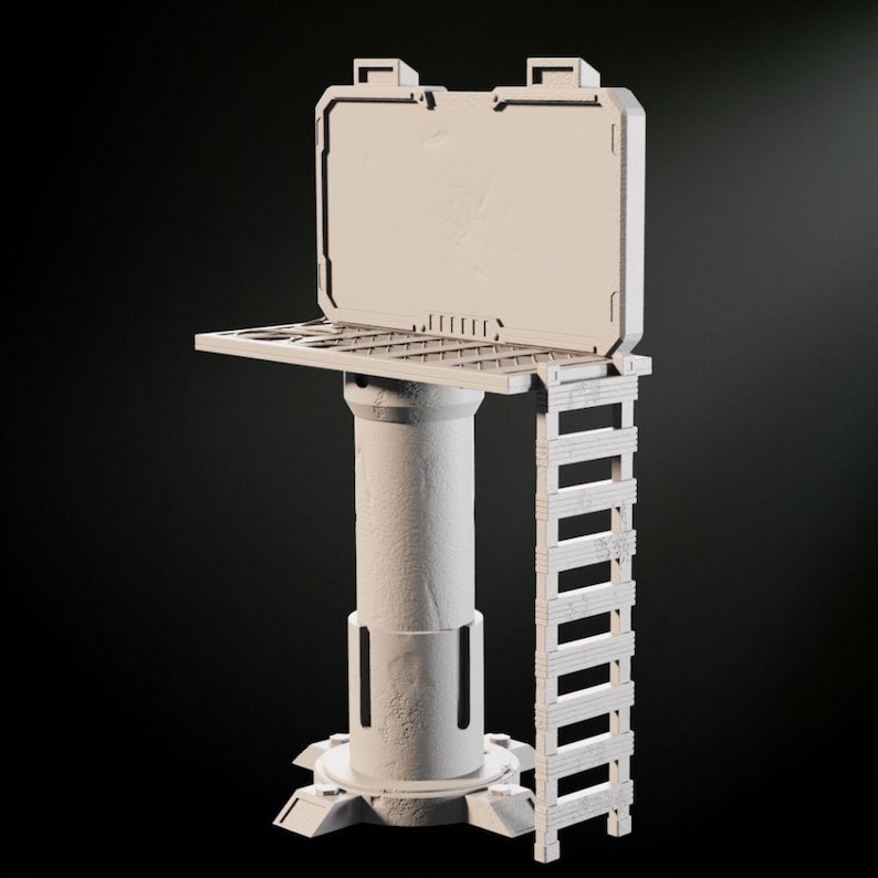 May include: A white, futuristic-looking platform with a ladder and a large, open panel. The platform is made of a textured material and has a circular base.
