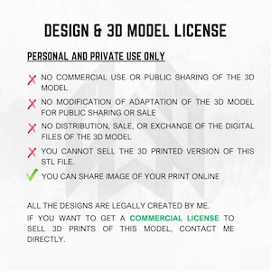 May include: A white graphic with black text detailing the terms of a 3D model license. The text includes restrictions on commercial use, modification, and distribution. It also states that the 3D printed version of the STL file cannot be sold.