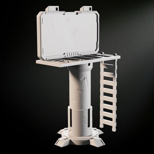 May include: A white, futuristic-looking tower with a ladder and a large, open panel on top. The tower is made of a textured material and has a round base.