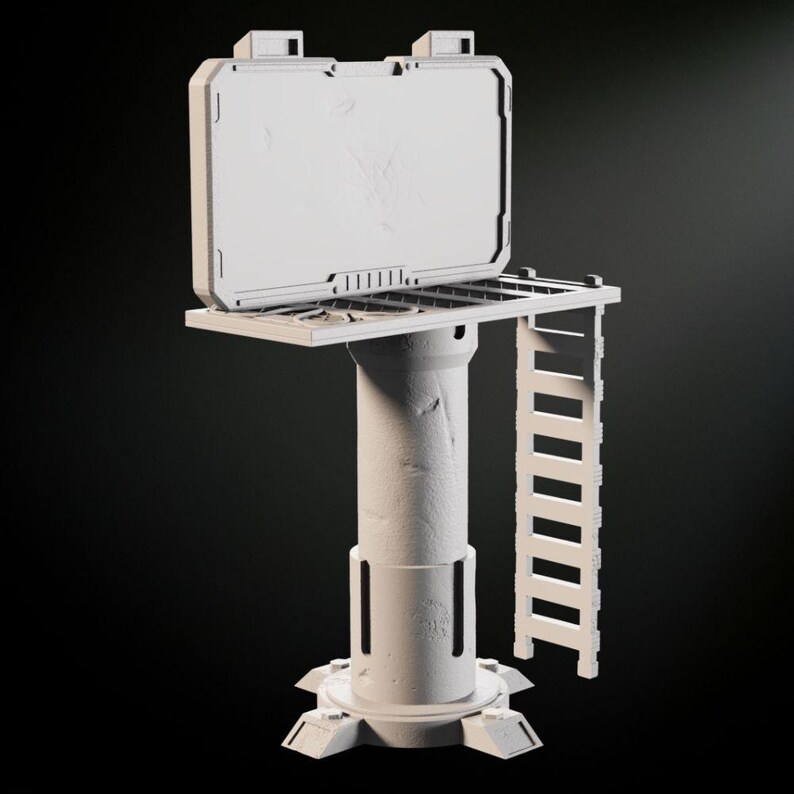 May include: A white, futuristic-looking tower with a ladder and a large, open panel on top. The tower is made of a textured material and has a round base.